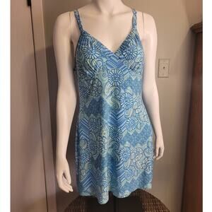 Vintage 90s Batik Slip Dress Aqua Floral Adjustable Straps Sz L Y2K Indie Trippy